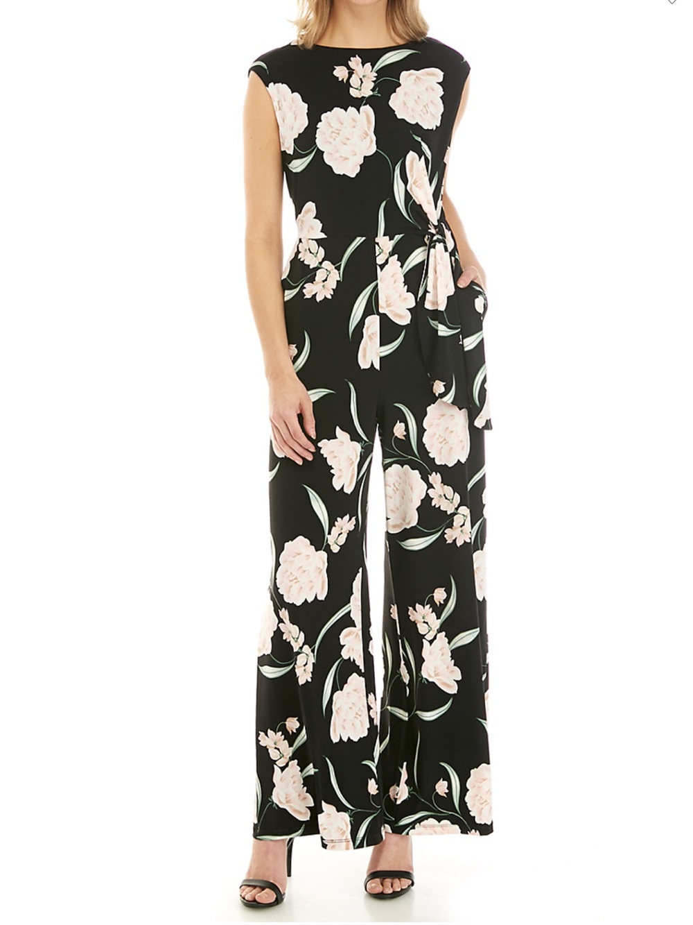 Jessica Howard Black Floral Cap-Sleeve Self-Tie Jumpsuit